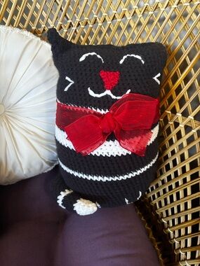 Black & White Striped Cat Accent Pillow with Red Bow